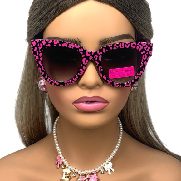 NWT Betsey Johnson Party in the Front Hot Pink Black Leopard Sunglasses Cat Eye